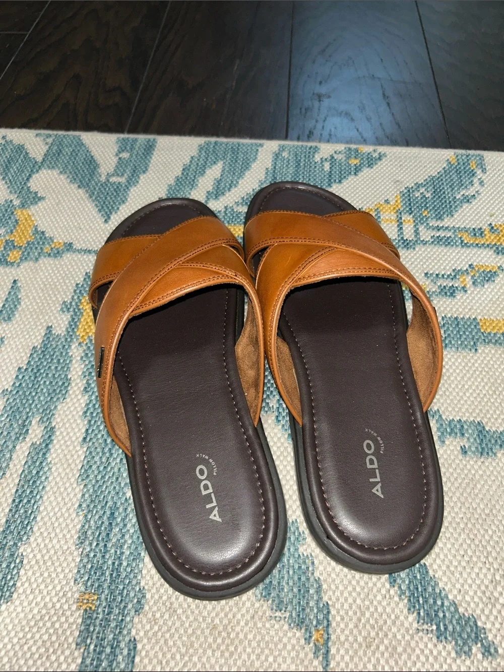 ALDO Men's Brown Leather Cross-Strap Slide Sandals